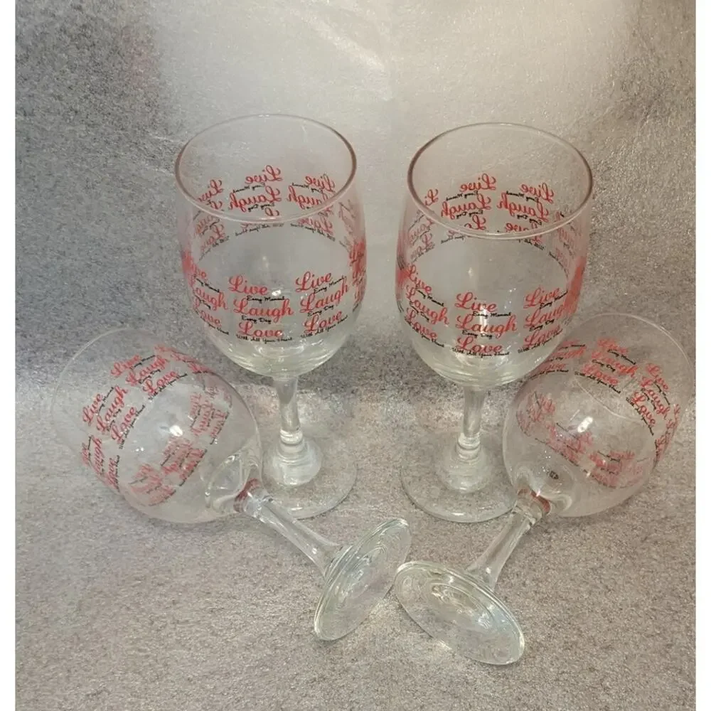 Libbey Glass Live Laugh Love Stemmed Wine Glasses Black Red Set of 4 New
